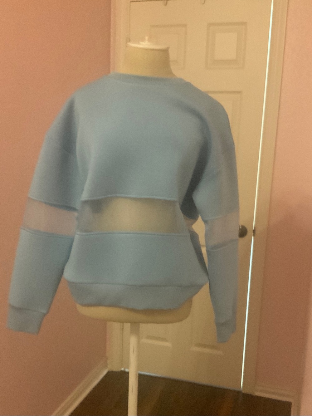 Anthropologie Light Blue Sheer-Panel Crewneck Sweatshirt